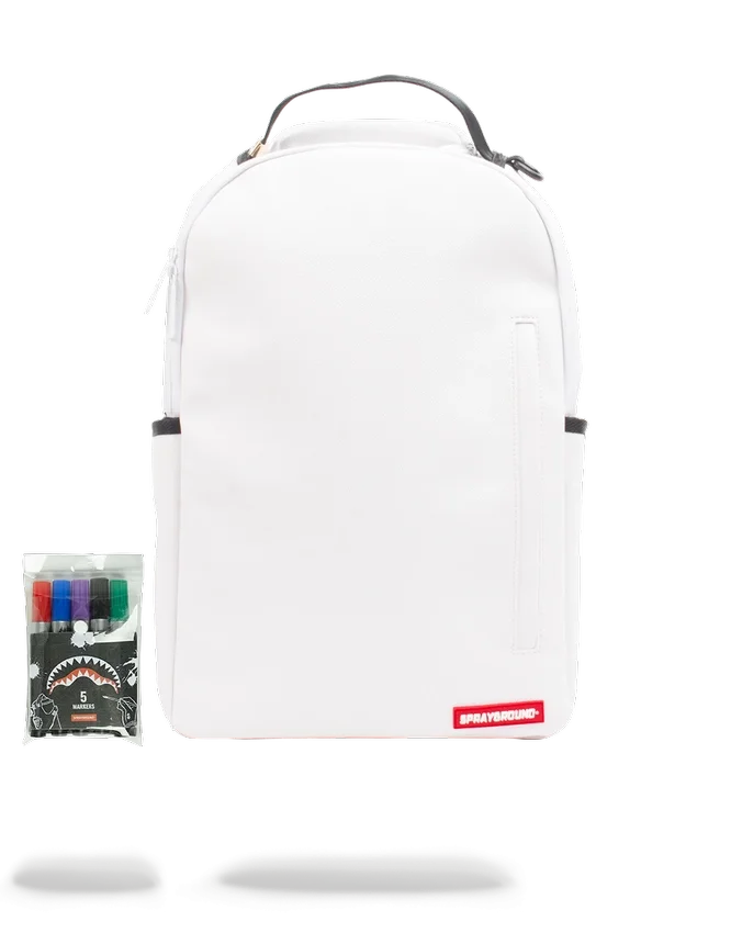 RUCSAKUL ALB SPRAYGROUND DIY (PIELE VEGANĂ ȘI CĂPTUȘEALĂ INTERIOARĂ PENTRU BANI) ȘI MARKERE INCLUSE